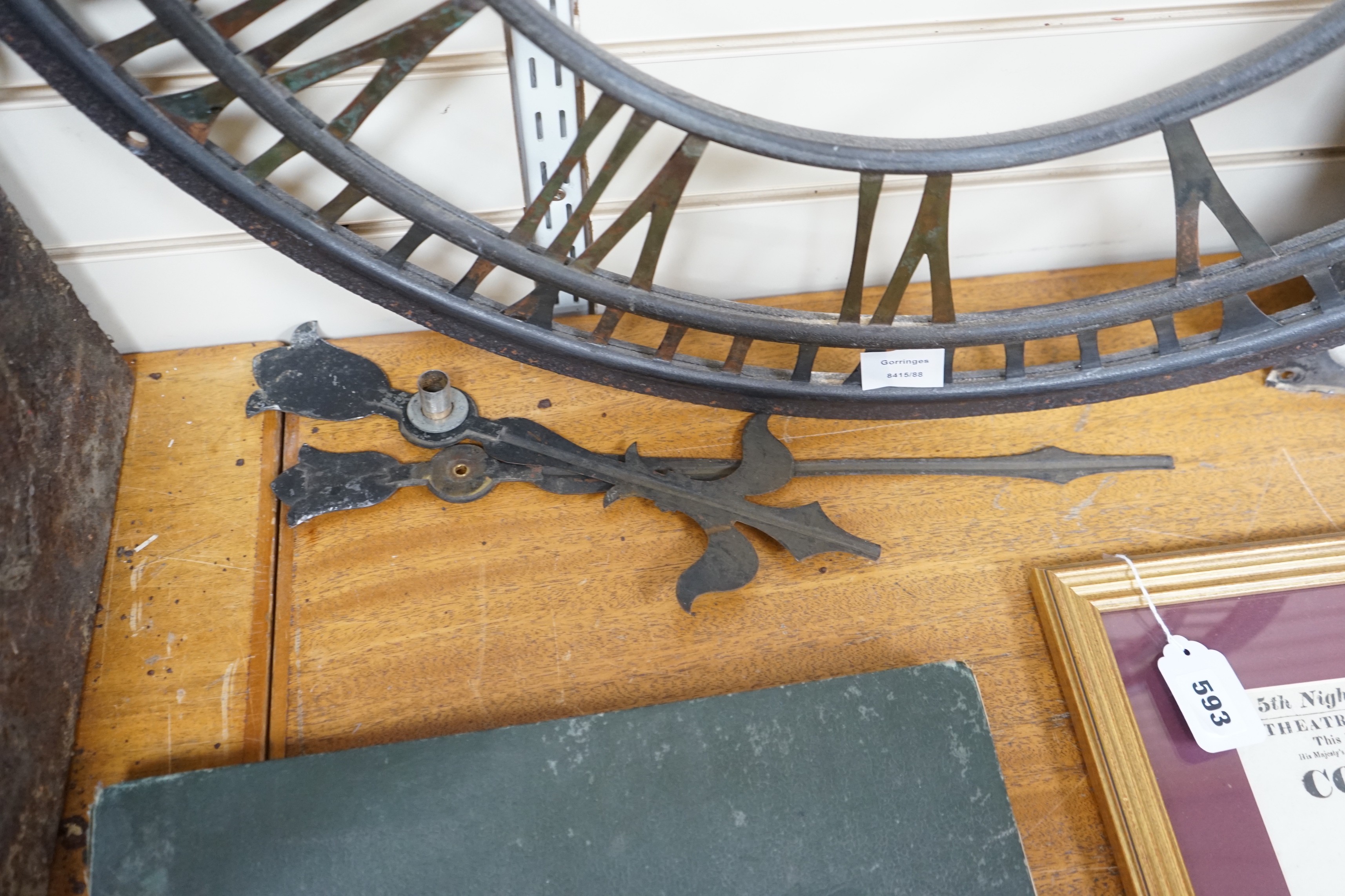 A painted copper wall clock chapter ring and hands, 74cm diameter